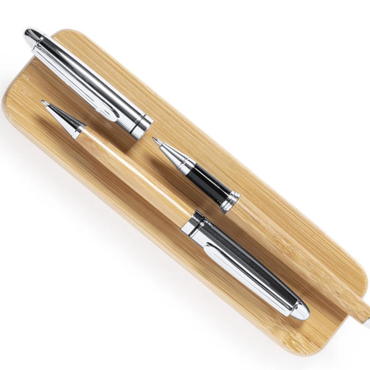 Juego de escritura de diseño respetuoso con el medio ambiente con bolígrafo con función de giro y bolígrafo roller de bambú en estuche de regalo de madera maciza
