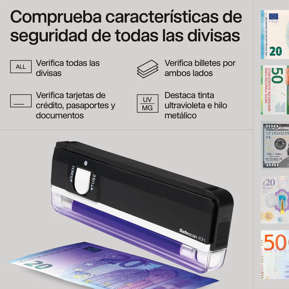Safescan 40H Detector de billetes falsos portátil, verifica billetes, tarjetas de crédito y documentos - Detector UV para nuevos billetes - Detector billetes falsos con luz UV - Detector con luz UV