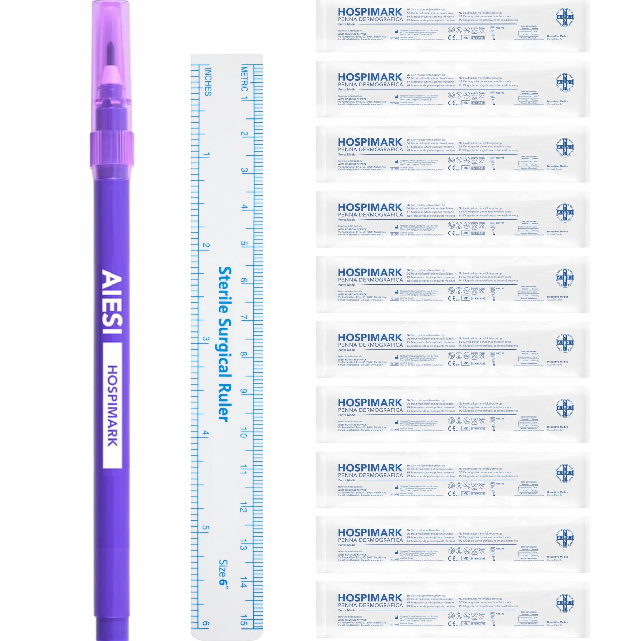 AIESI® Bolígrafo Dermográfico Estéril con punta estándar con regla HOSPIMARK (Paquete de 10 piezas)