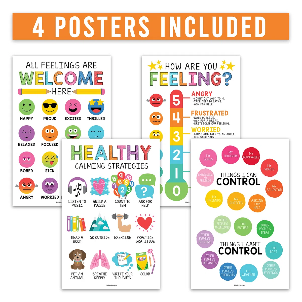 Hadley Designs Tabla de sentimientos para niños de 4 a 8 años, tabla de emociones para niños de 3 a 5 años, carteles de sentimientos de asesoramiento para el aula, carteles de aprendizaje
