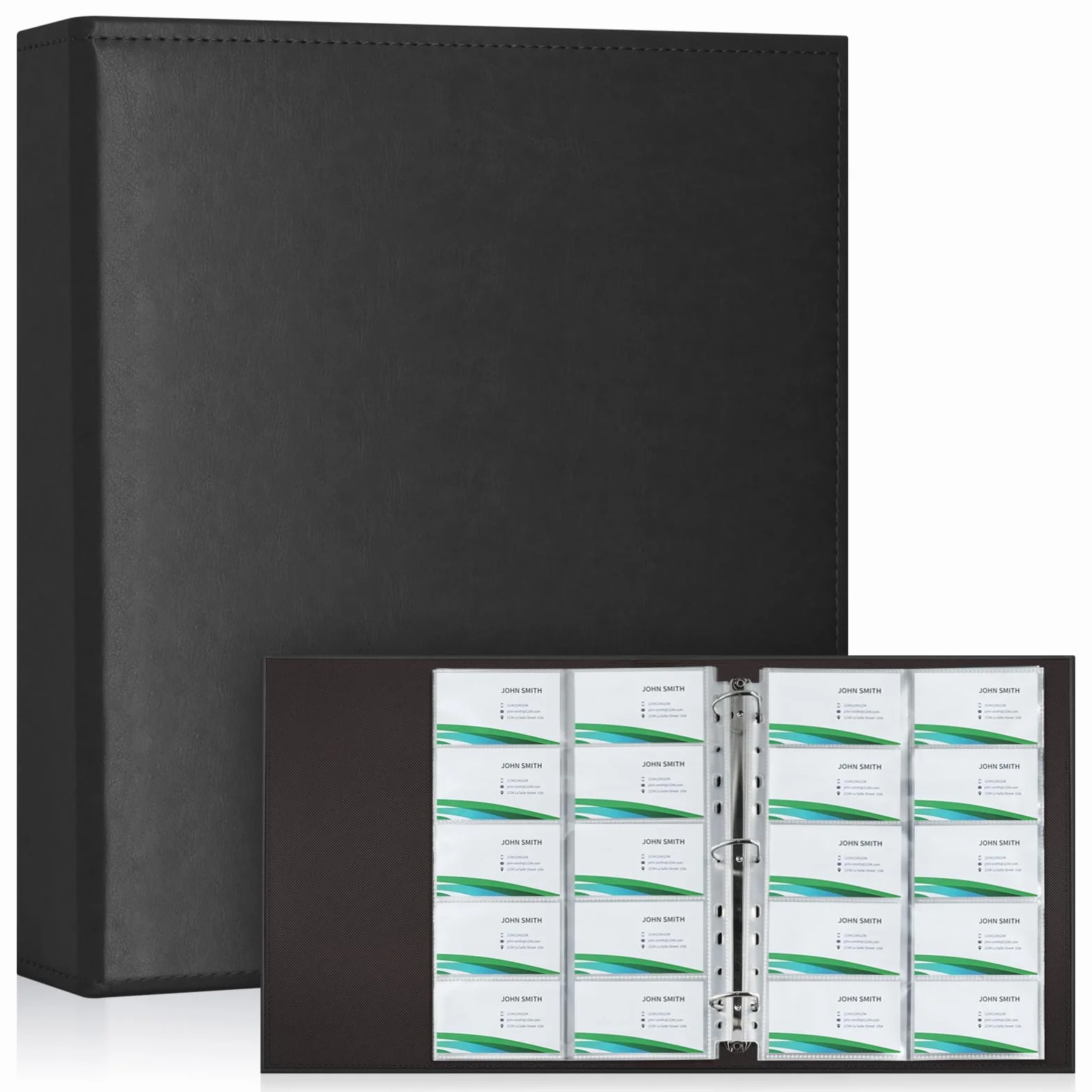 Álbum Organizador de Tarjetas de Visita 600 Unidades - 30 Páginas Recargables, Carpeta A4 Anillas, Carga Lateral, Cubierta PU Cuero Negro | Oficina