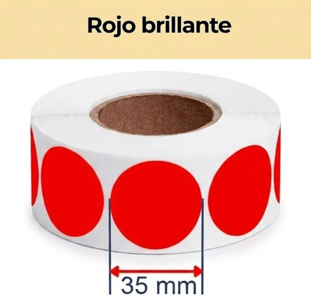Etiquetas Adhesivas de Precio, 2.500 Pegatinas, 35 mm, Rojo Brillante, 5 Rollos (15€ -2500UDS)