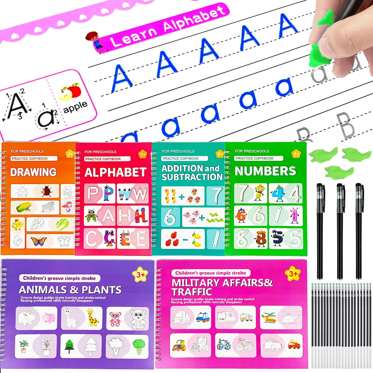 Juego de 6 Cuadernos mágicos de escritura a mano, 20 recambios para bolígrafos, 3 bolígrafos y libro de actividades reutilizable para niños de 3 a 8 años, preescolar