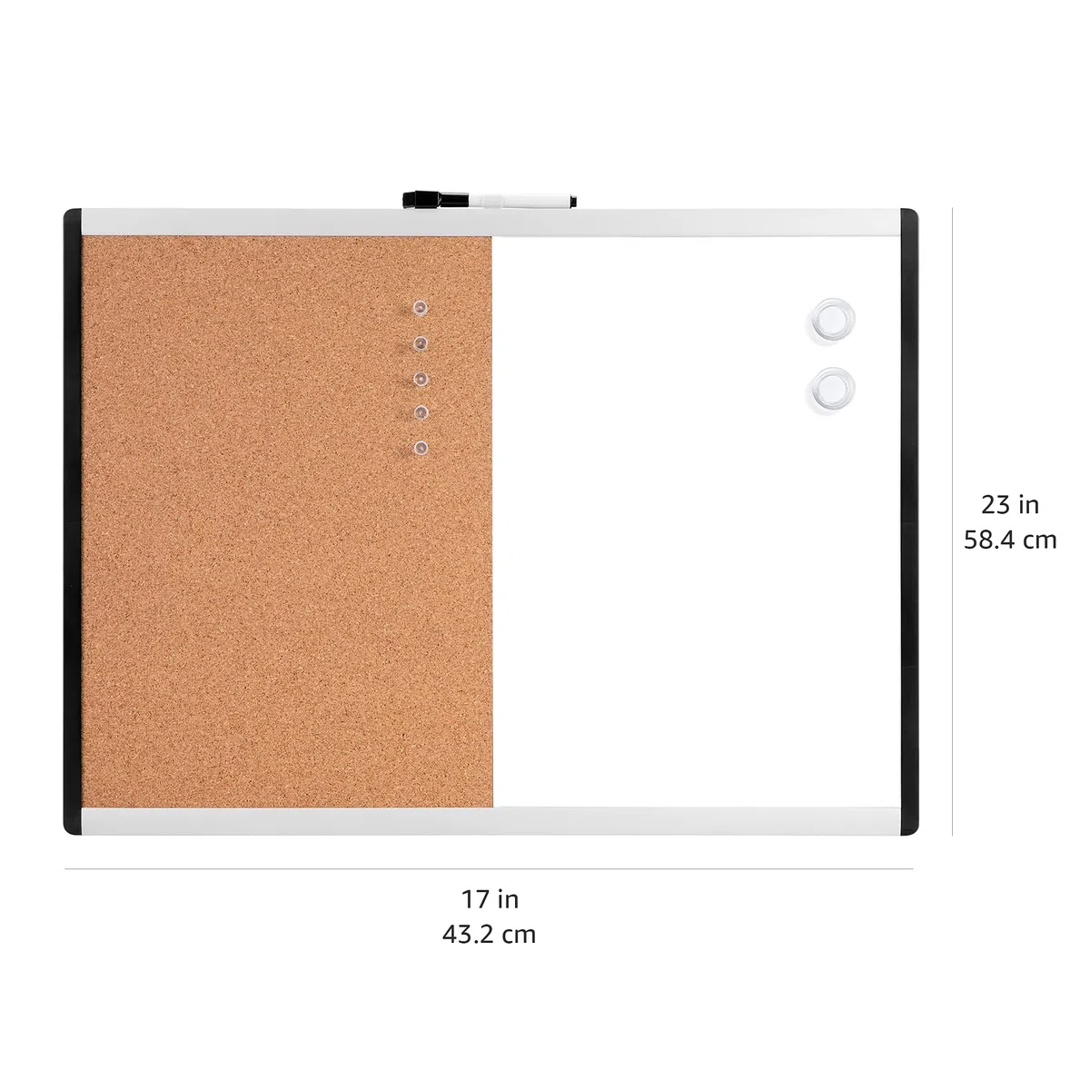 Amazon Basics Rectangular Pizarra magnética de borrado en seco y tablón de corcho 2 en 1, bastidor de aluminio y plástico, 1 unidad, Blanco, amarillo, 58 x 43 cm