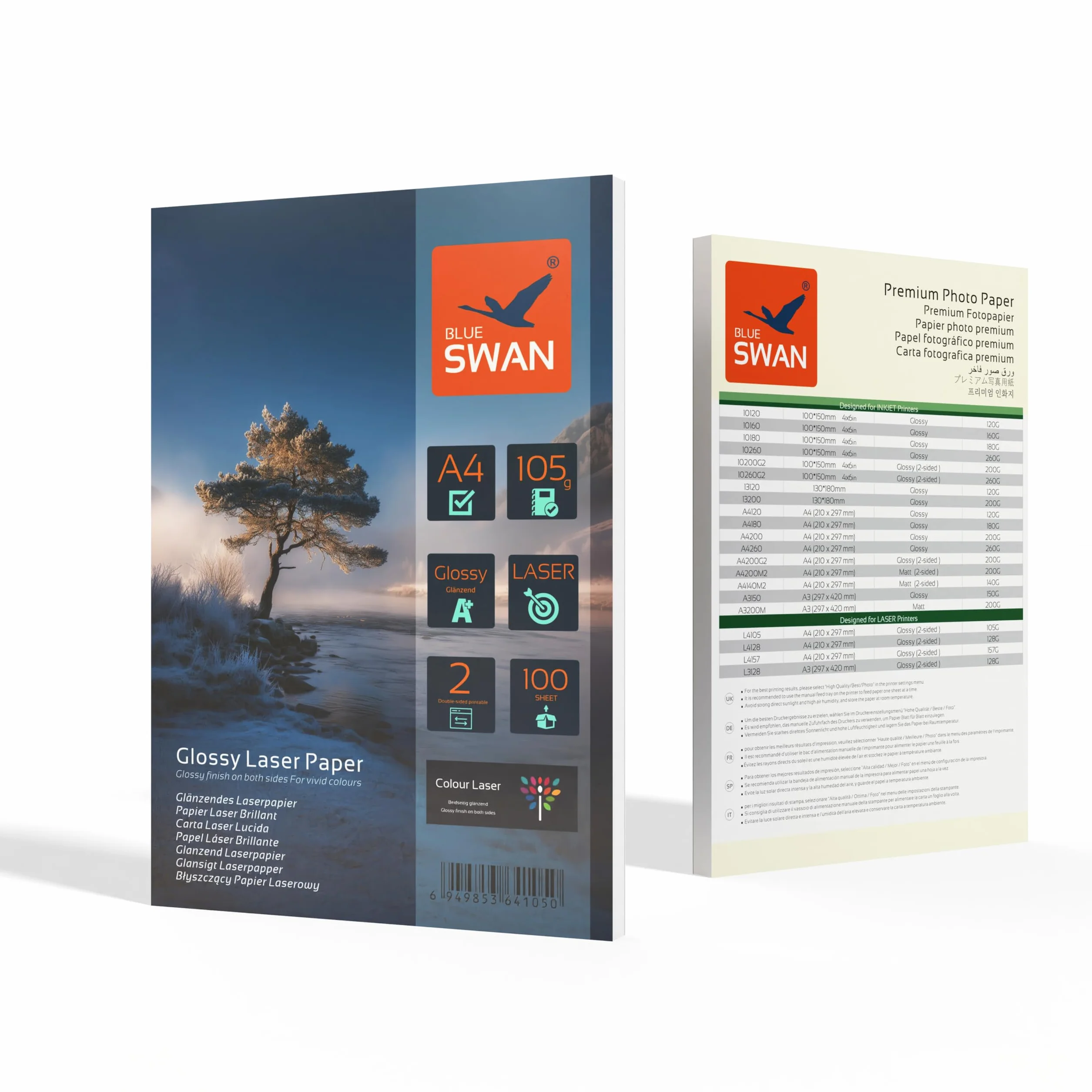 BLUE SWAN Papel láser fotográfico A4, 105 g/m², 200 hojas, brillo doble cara, papel glossy para flyers y folletos, para impresoras láser y fotocopiadoras en color