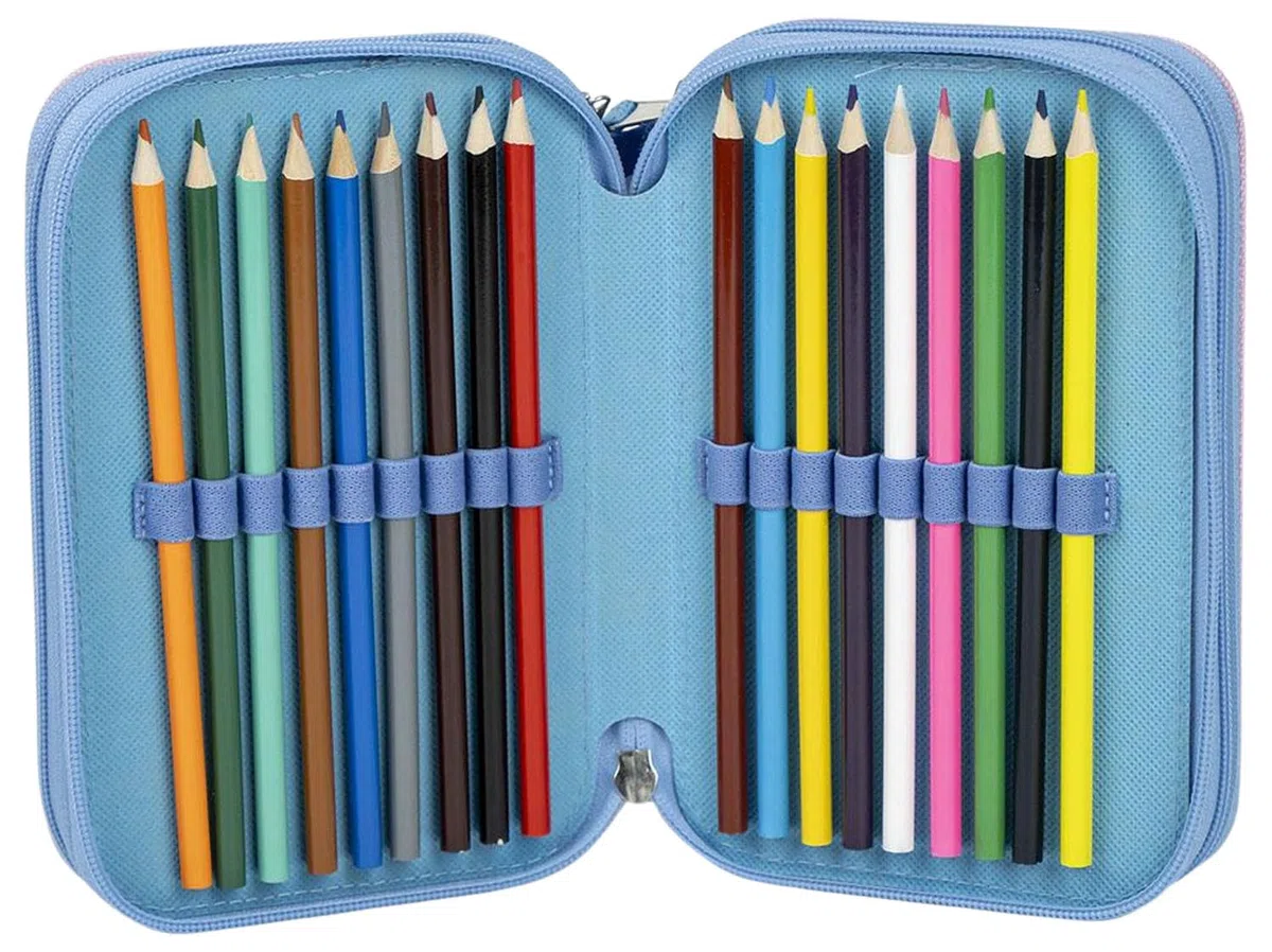 Plumier Escolar Triple 44 Piezas – para Stitch Fan – Estuche 3 Cremalleras Azul con Lápices, Rotuladores y Accesorios – Idea Regalo Niña – Gadget Oficial