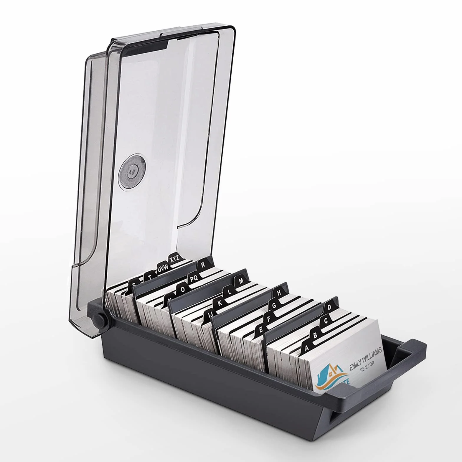 Caja de Organizadora para Tarjetas de Visita,500 Tarjetas,Tarjeteros de Escritorio Transparente con 4 Tablas Divisorias y Pestañas de Índice A-Z (Gris)