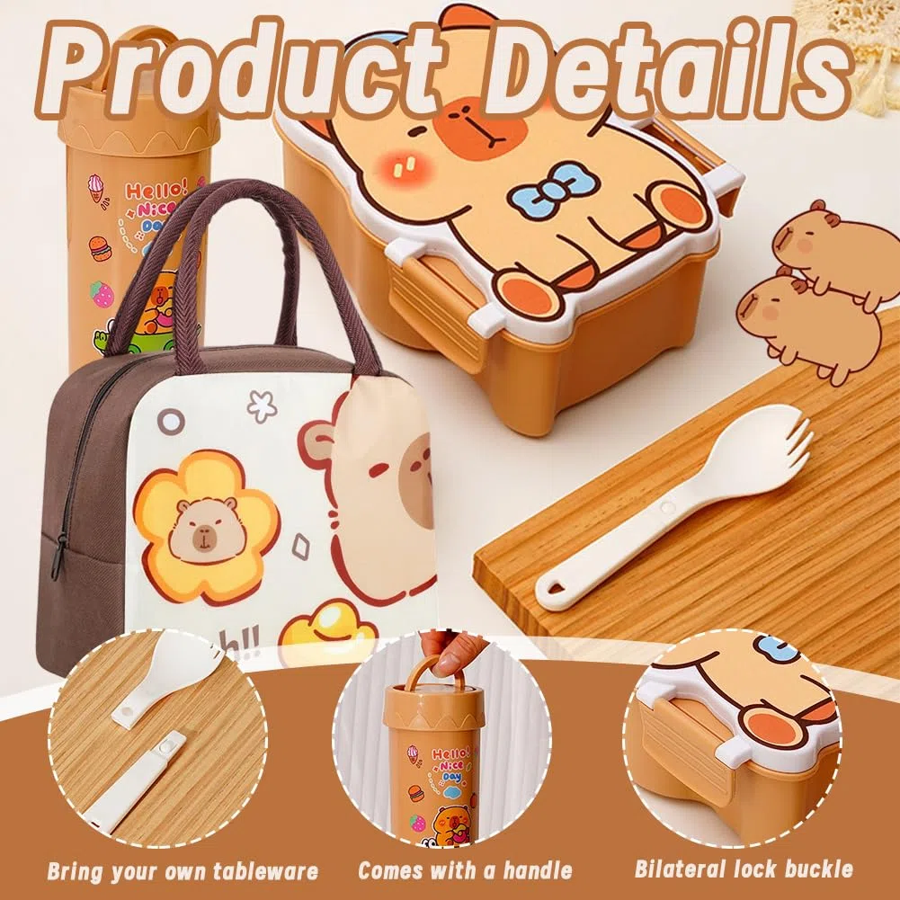 Capybara Bolsa De Almuerzo Para Niños y Fiambrera Para Niños Con Botella,Animales De Dibujos Animados Lunch Bag Reutilizable Con Aislamiento Para Viajes Picnic Escuela