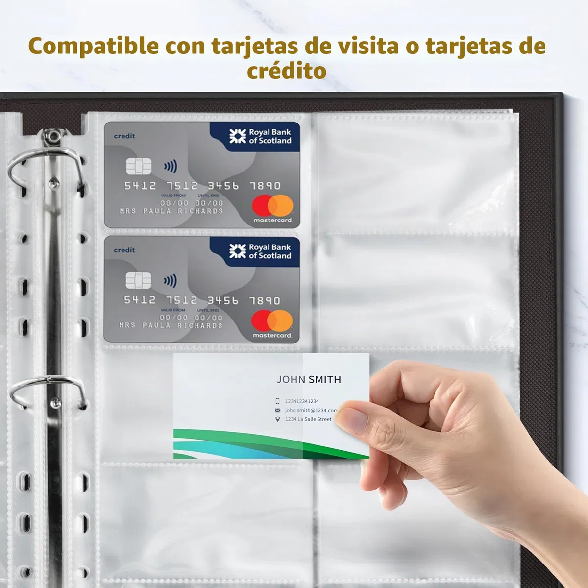 Álbum Organizador de Tarjetas de Visita 600 Unidades - 30 Páginas Recargables, Carpeta A4 Anillas, Carga Lateral, Cubierta PU Cuero Negro | Oficina