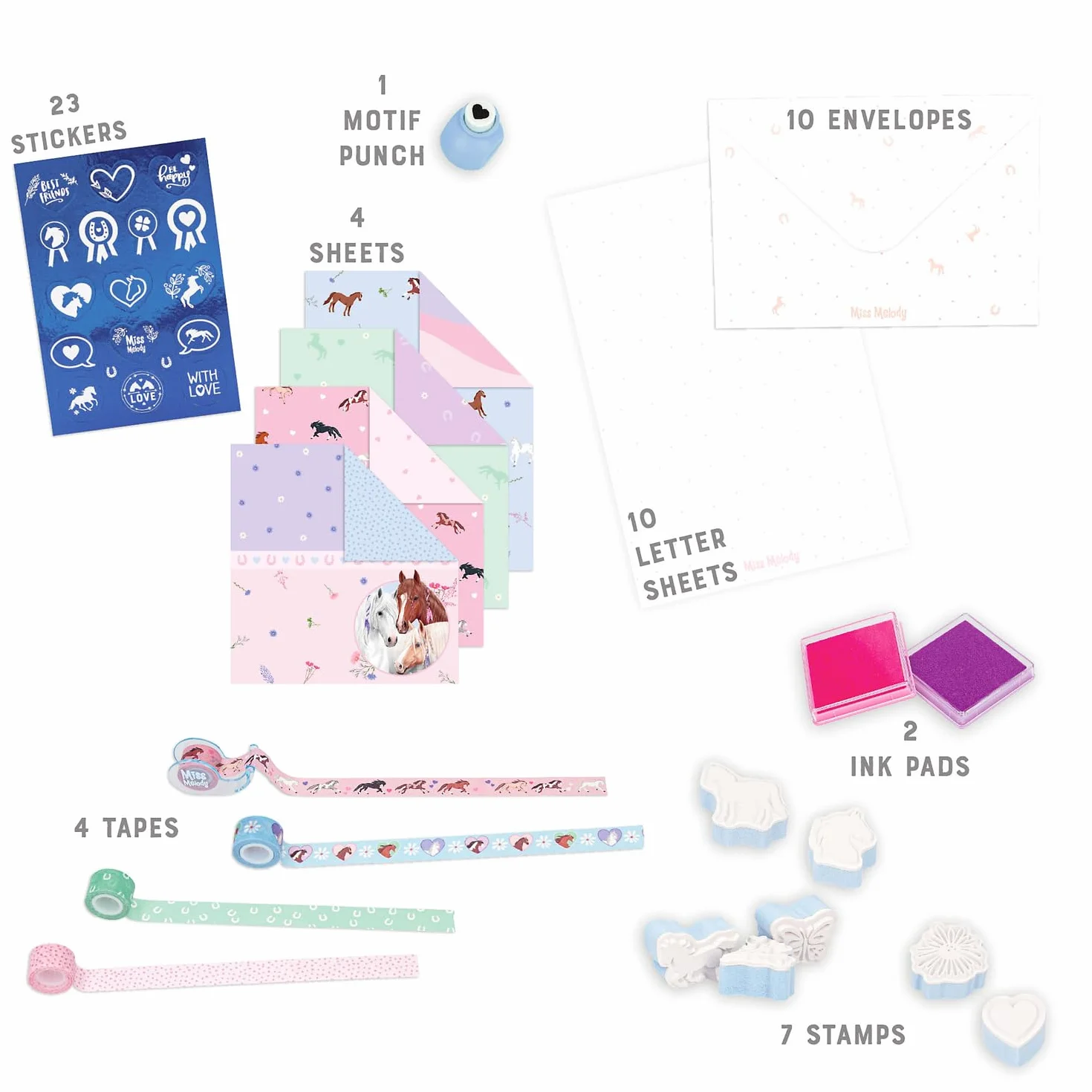 Depesche 12969 Miss Melody Love Letter Set - Caja para cartas con diseño de caballo, juego de escritura que incluye artículos de papelería, sobres, pegatinas, sellos y mucho más.