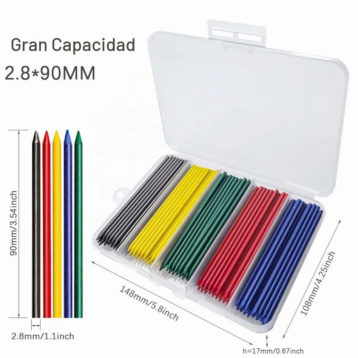 MROOFUL - Juego de 200 minas de repuesto para lápiz de carpintero, color azul, rojo, verde, amarillo, negro, gran capacidad de 2,8 mm, agujero profundo para lápiz mecánico