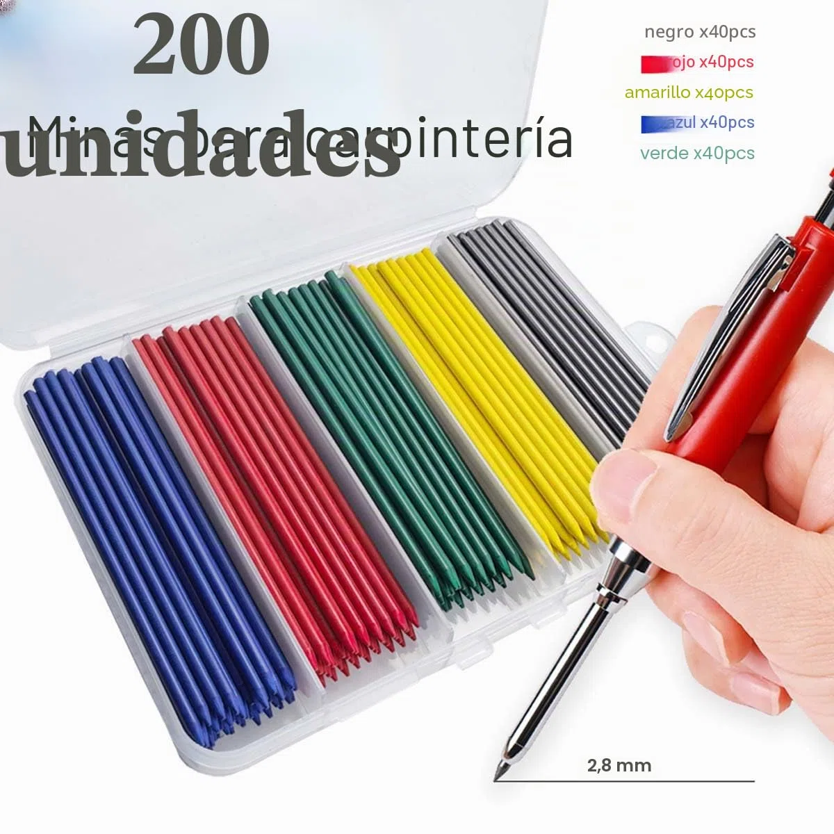 MROOFUL - Juego de 200 minas de repuesto para lápiz de carpintero, color azul, rojo, verde, amarillo, negro, gran capacidad de 2,8 mm, agujero profundo para lápiz mecánico