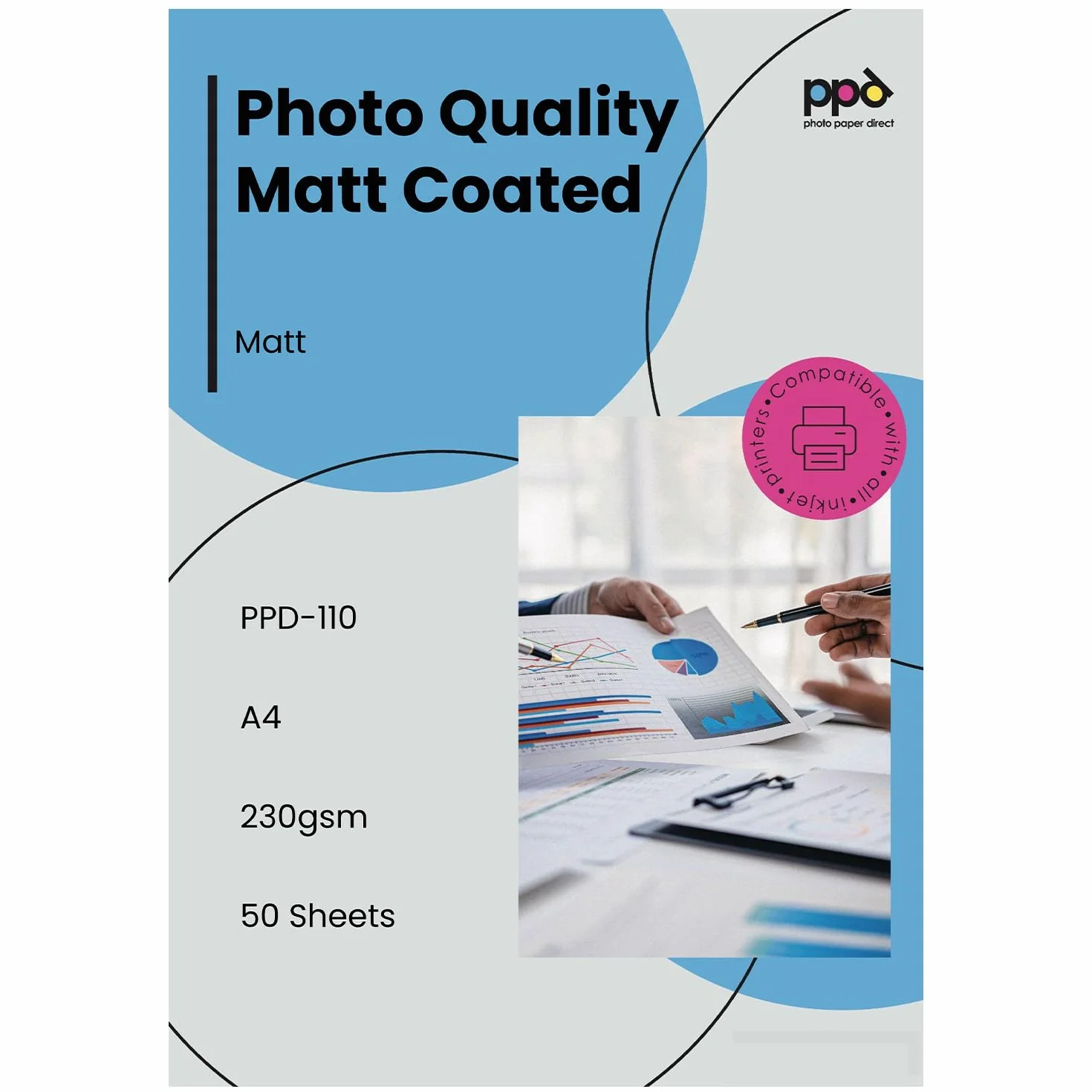 PPD Inkjet - A4 x 50 Hojas de Papel Artístico de Calidad Fotográfica Profesional Mate 230 g/m² - Secado Instantáneo - Para Todas Impresoras de Inyección de Tinta - PPD-110-50