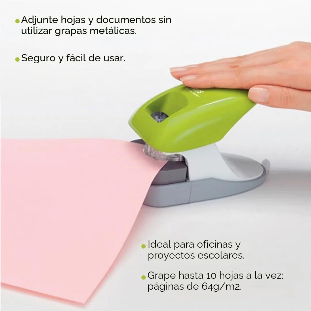 PLUS, Grapadora sin grapas para escritorio, capacidad de 10 hojas, con guía, función de grapado y perforación, color negro