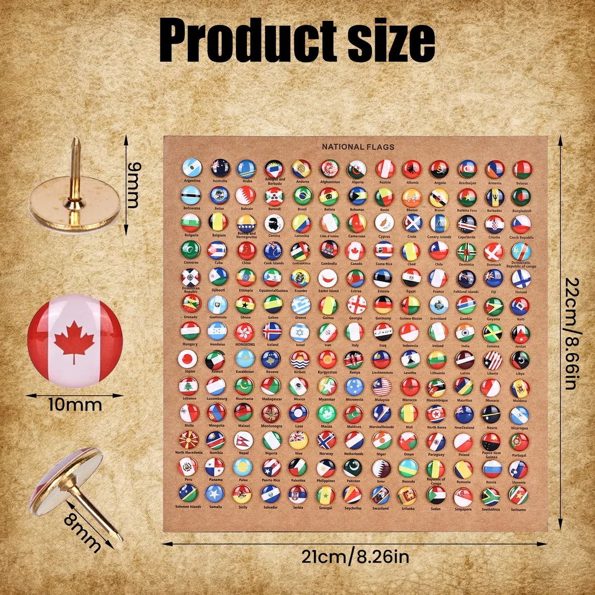 Chinches Bandera Nacional de 291 piezas - Pines decorativos País Tarjeta con placas de corcho - Metal Pines creativos para tablero de instrumentos DIY