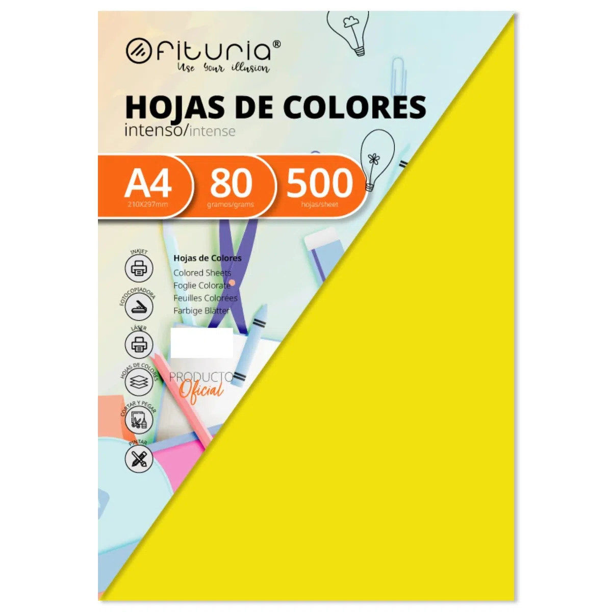 Pack 500 Hojas Color Amarillo Fuerte Tamaño A4 80g