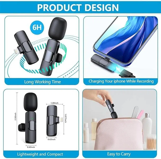 Clipmic Duo - Juego de micrófono inalámbrico reductor de ruido, micrófono Lavalier inalámbrico, micrófonos de solapa Plug and Play, fácil de llevar, mini micrófono de grabación de video, para
