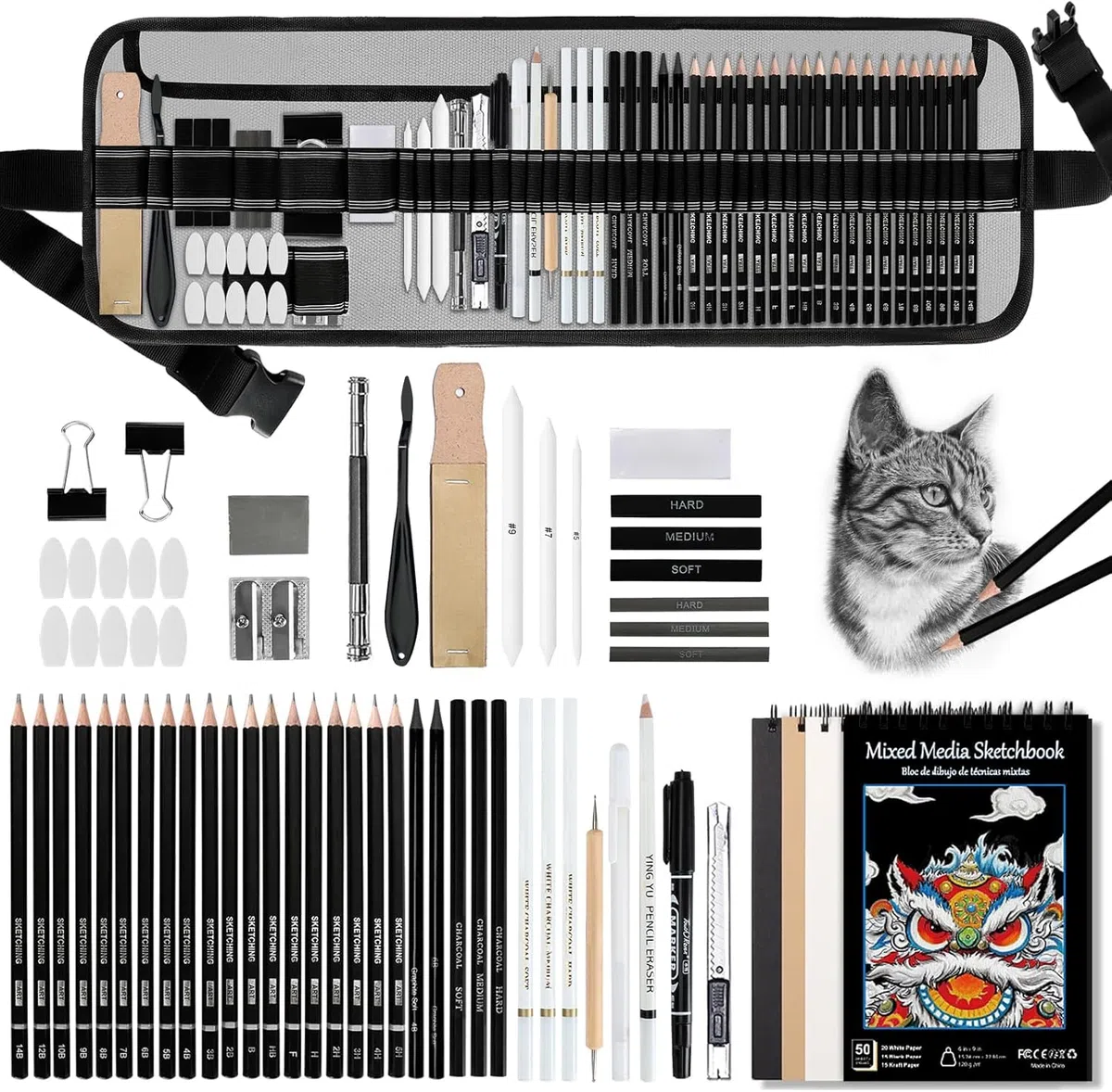 Juego de 60 lápices de dibujo, lápices de bocetos, Set Dibujo Profesional del Artista, suministros de arte con libro de bocetos de 3 colores, grafito, pastel, carboncillo,piezas de dibujo
