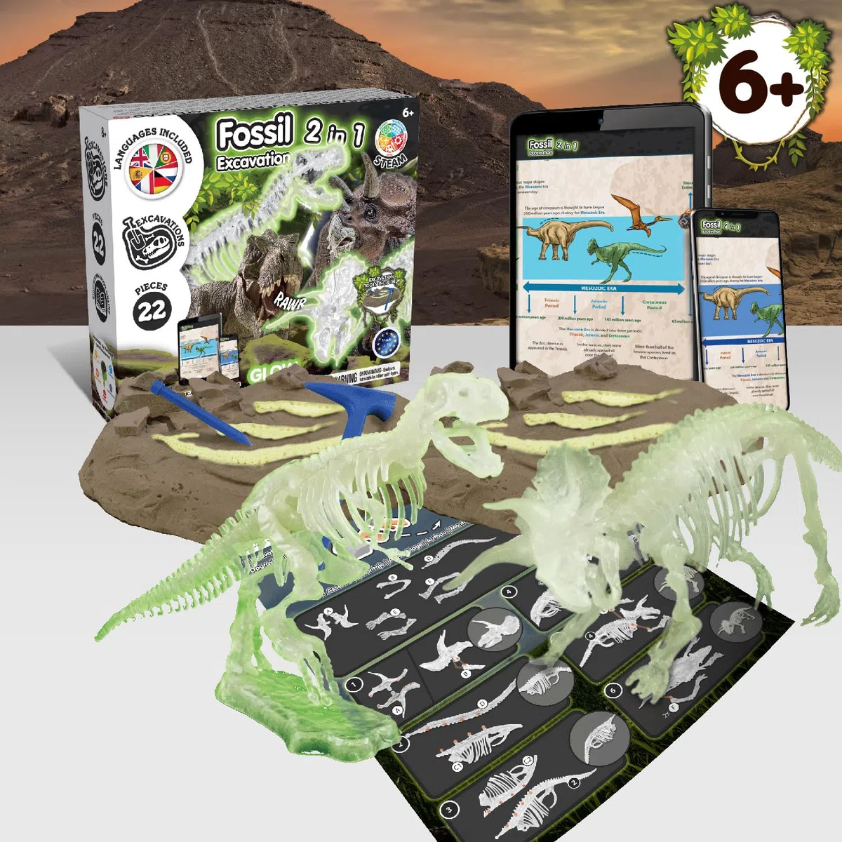 Science4you Excavaciones Fósiles 2 en 1 - Kit Paleontologia para Niños, Excava 22 Fosiles Que Brillan en la Oscuridad de 2 Dinosaurios, Juguete Educativo con Dinosaurios para Niños 6 7 8 9