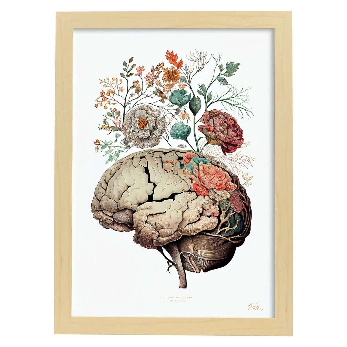 Nacnic Póster Anatómico de Cerebro. Colorida ilustración de partes del cuerpo humano con flores, A3 Marco Madera clara