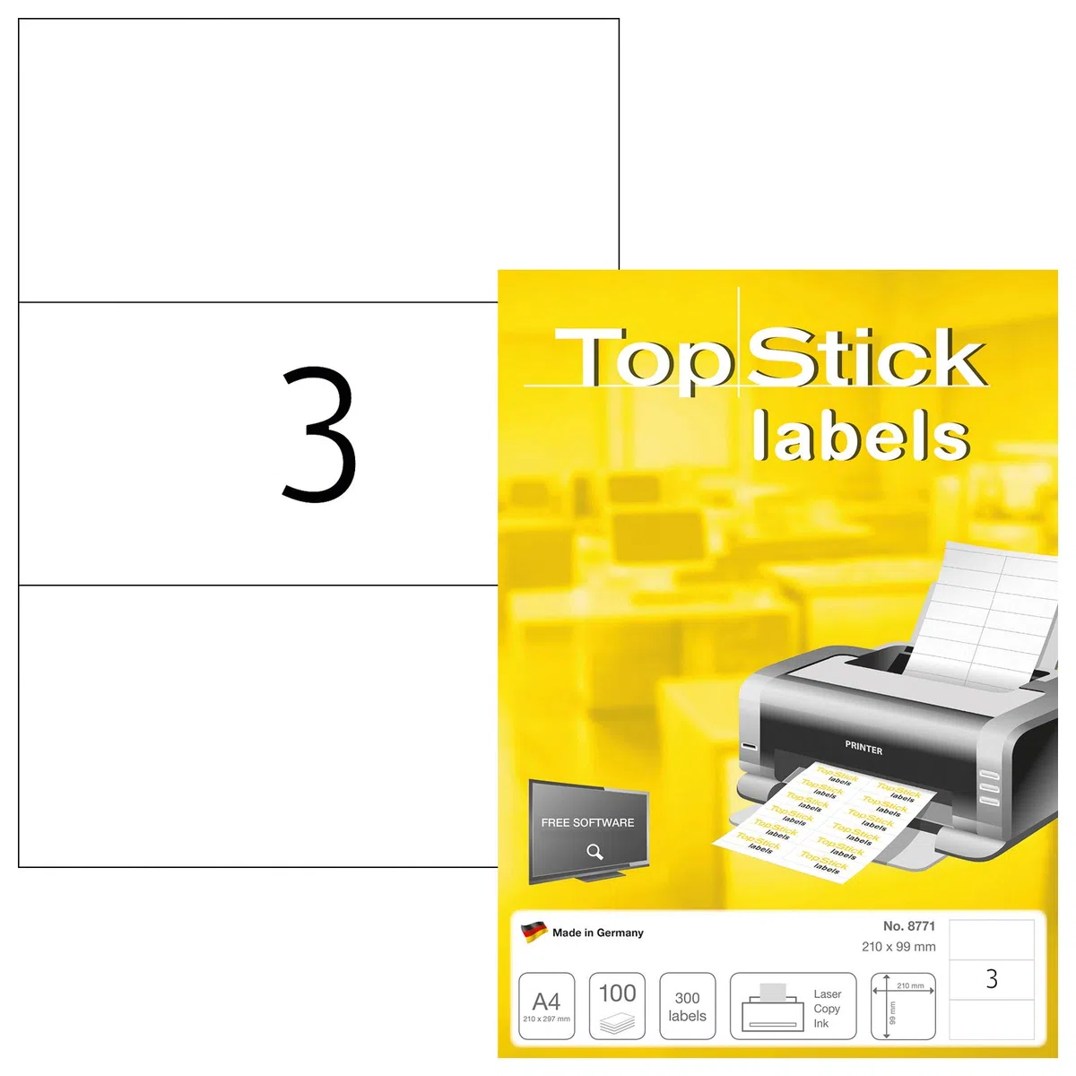 TopStick 8771 - Etiquetas autoadhesivas universales A4 grandes (210 x 99 mm, papel) 100 hojas, 3 etiquetas por hoja, 300 etiquetas, para impresoras inkjet y láser