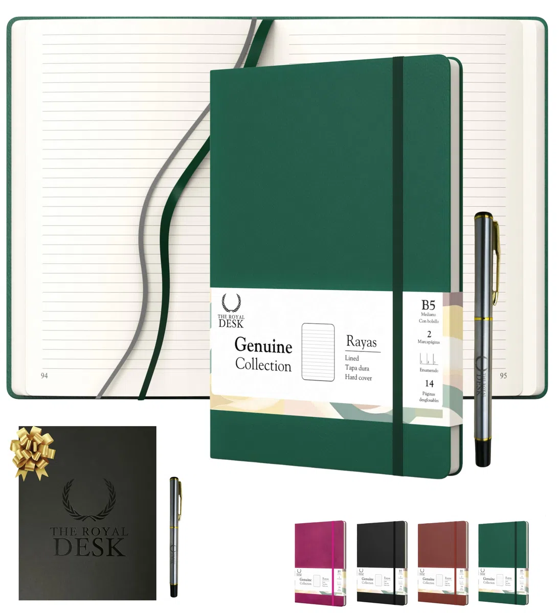 Cuaderno B5 con Rayas · Tapa Dura Vegana y Bolígrafo · 250 Páginas Numeradas con Índice · Cierre Elástico, Bolsillo Interior y Marcapáginas · Estuche Negro Mate para Regalo (R,V)