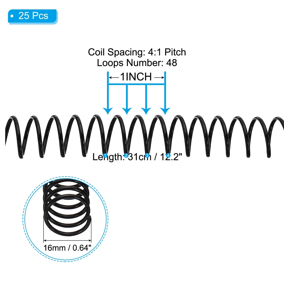 PATIKIL 25pcs 16mm Bobinas de Encuadernación en Espiral de Plástico, 140 Hojas, Paso 4:1, 48 Agujero Lomo de Encuadernación de Hojas Sueltas para Cuaderno Archivos DIY Papel Oficina, Negro