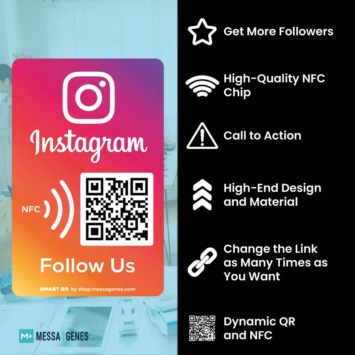 MESSAGENES - Pegatina con NFC y QR | Pegatina para Conseguir Seguidores | Compatible con Instagram | Pack 2 Unidades | QR Dinámico Editable | Analíticas de Escaneo | Sirve para iPhone y Android