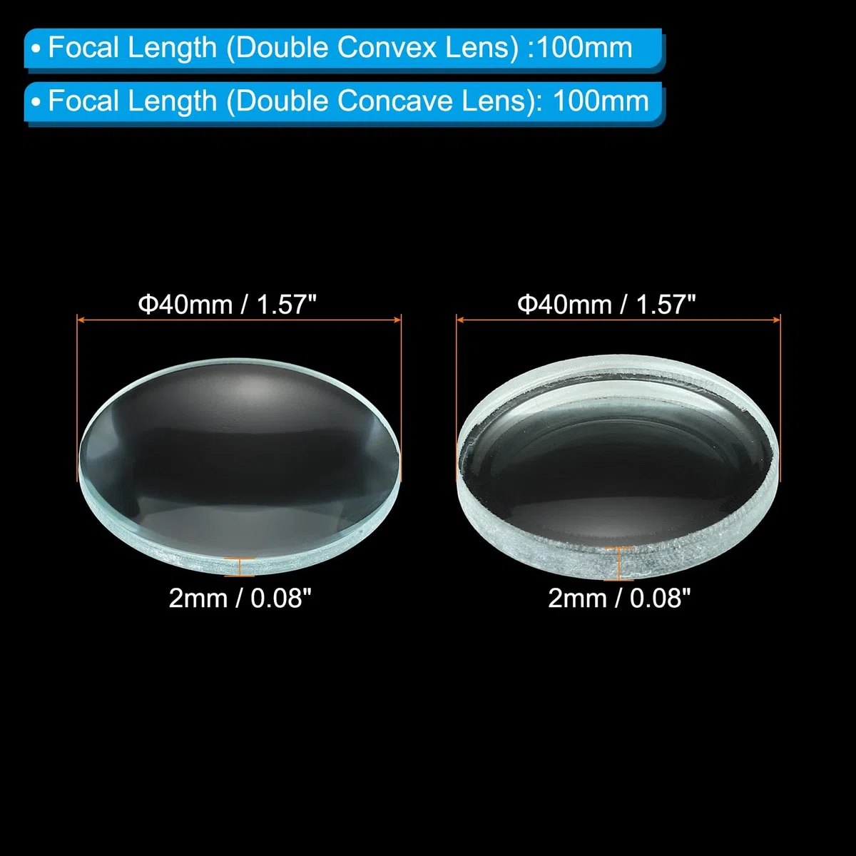 PATIKIL Lente doble convexa, 100-100 mm de longitud focal de 40 mm de diámetro, lente telescópica de aumento de vidrio redondo, juego de prueba de borde de tierra para óptica de clase de física de