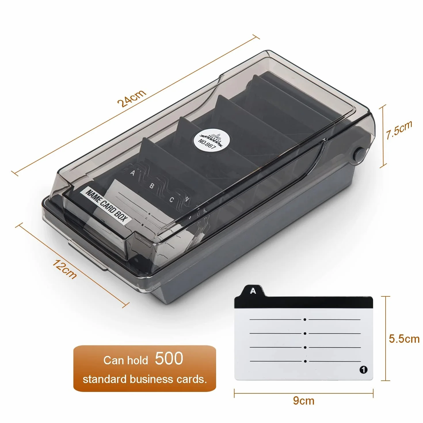 Caja de Organizadora para Tarjetas de Visita,500 Tarjetas,Tarjeteros de Escritorio Transparente con 4 Tablas Divisorias y Pestañas de Índice A-Z (Gris)