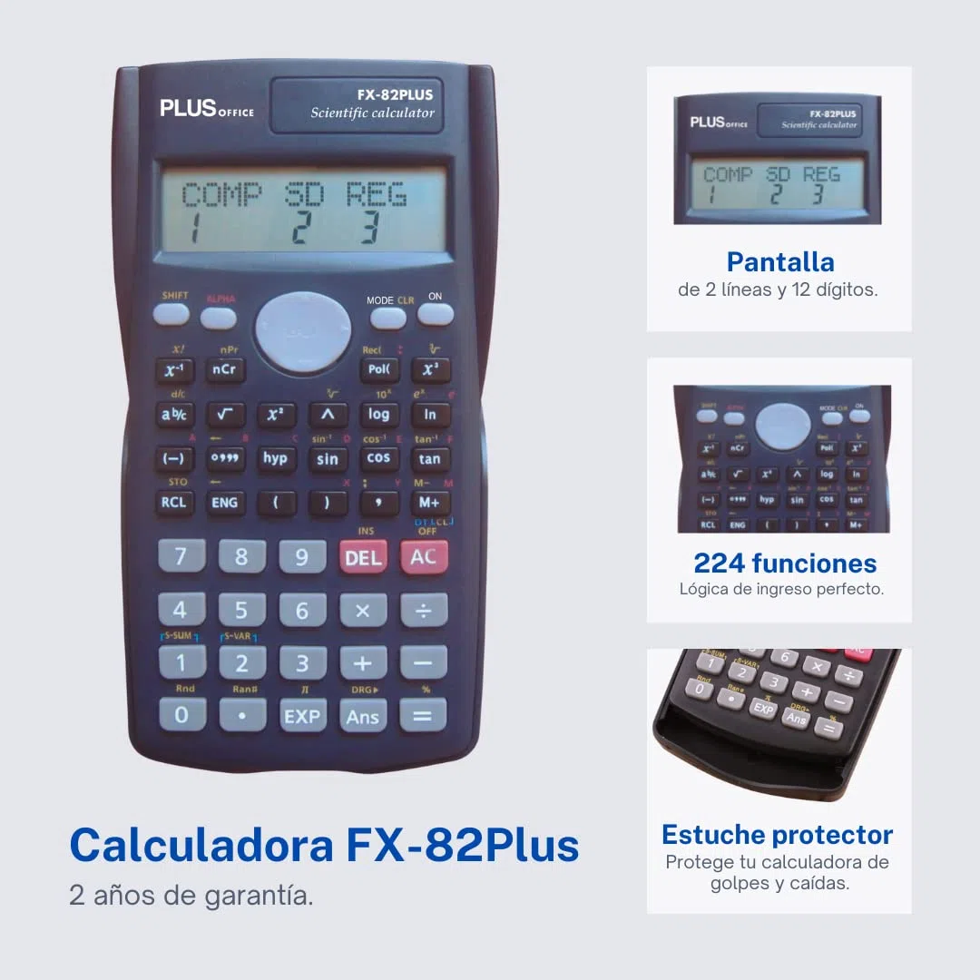 Plus Office Calculadora Científica para Ingeniería, Escuela y Universidad, Pantalla 2 líneas (10+2 dígitos). Funciones Hiperbólicas y Trigonométricas, 2 Años de Garantía, FX-82 Plus Color Negro