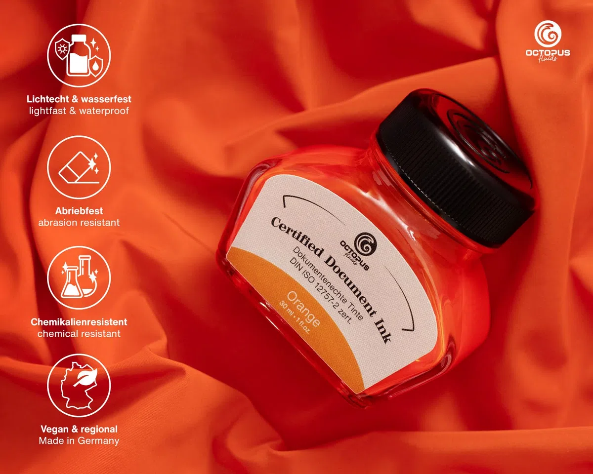 Tinta para Documentos Octopus Fluids Naranja, Tinta Indeleble, Certificada según DIN ISO 12757-2, Naranja, 30 ml
