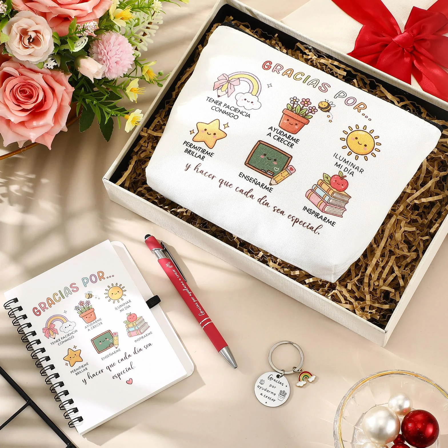 BBTO 4 Piezas Regalos para Profesores Maestra Llavero Bolígrafo Bolsa de Maquillaje Cuaderno Arcoíris Día del Maestro