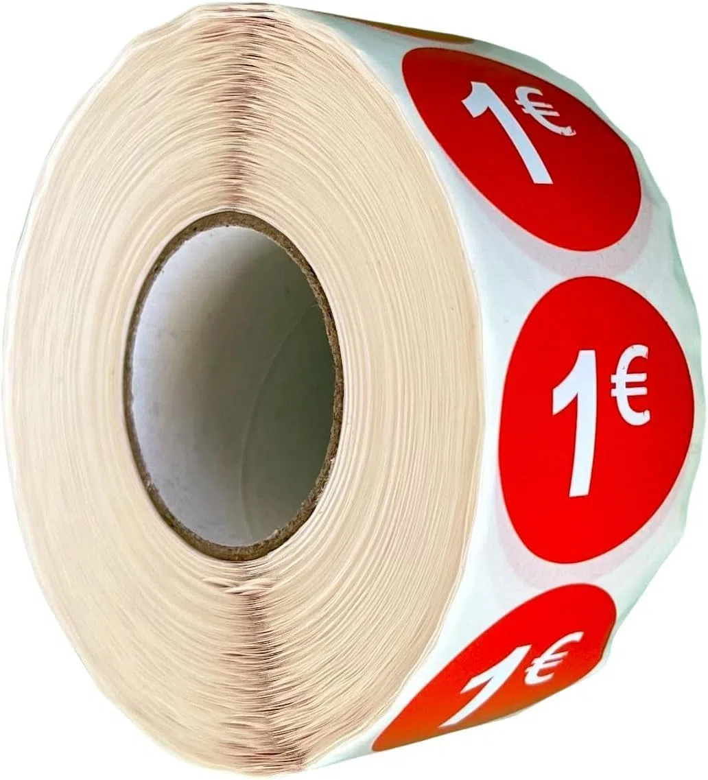 Etiquetas Adhesivas de Precio, 2.500 Pegatinas, 35 mm, Rojo Brillante, 5 Rollos (15€ -2500UDS)