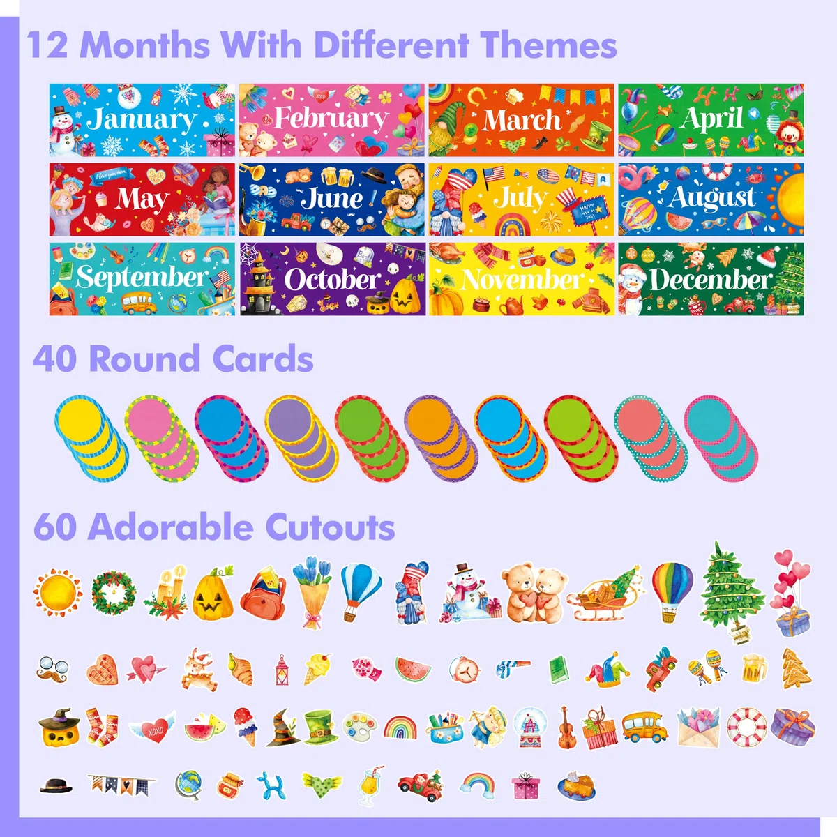 112 PCS Encabezados Mensuales de Vacaciones, Decoraciones de Cartel para los 12 Meses del Año en Diferentes Temas, 40 Tarjetas Redondas Escriturables y 60 Recortes Variados