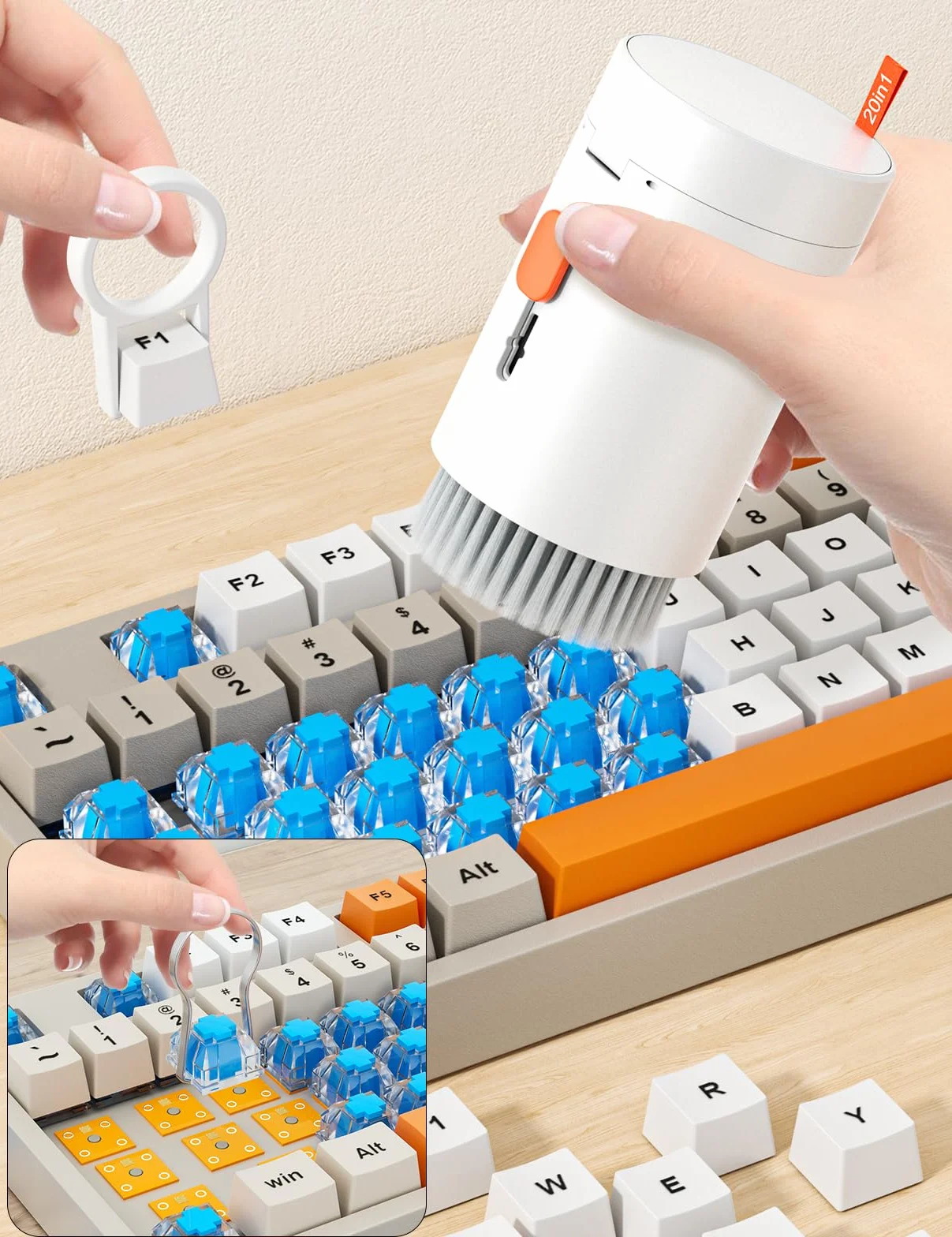 tounee Kit de Limpieza para Teclado, 20 en 1, Kit de Limpieza de Pantalla para teléfono móvil, Limpiador de Teclado con Cepillo-Blanco