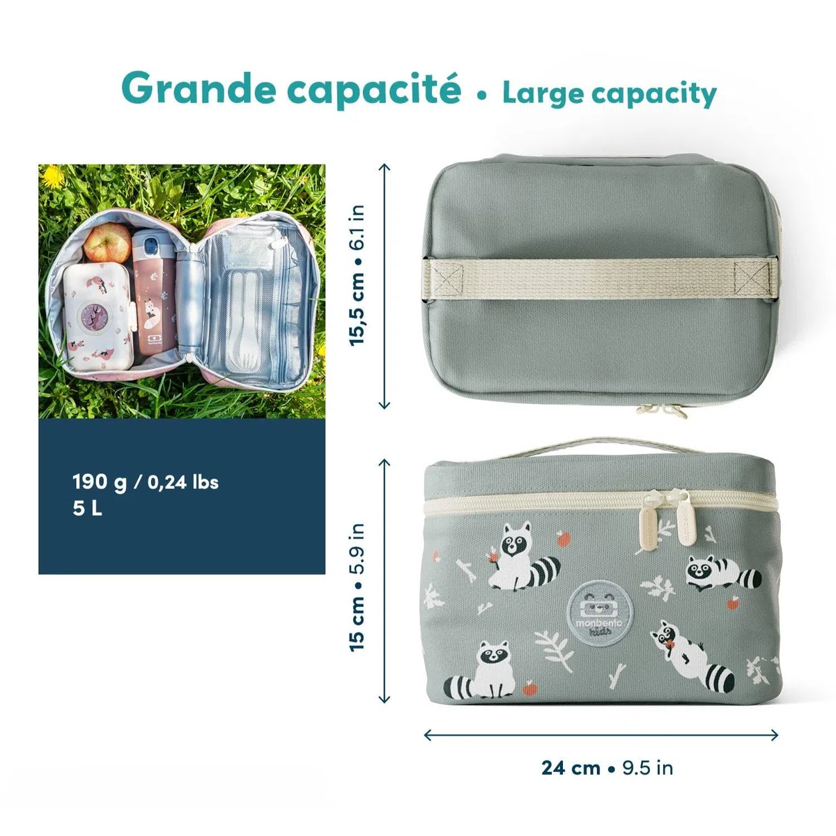 monbento - Bolsa Termica Infantil Frosty verde Raccoon - Nevera Portatil 5 L para Fiambrera, Botella y Tentempiés - Bolsa Comida Niños Ideal para el Colegio o el Picnic – Personalizable – Mapache