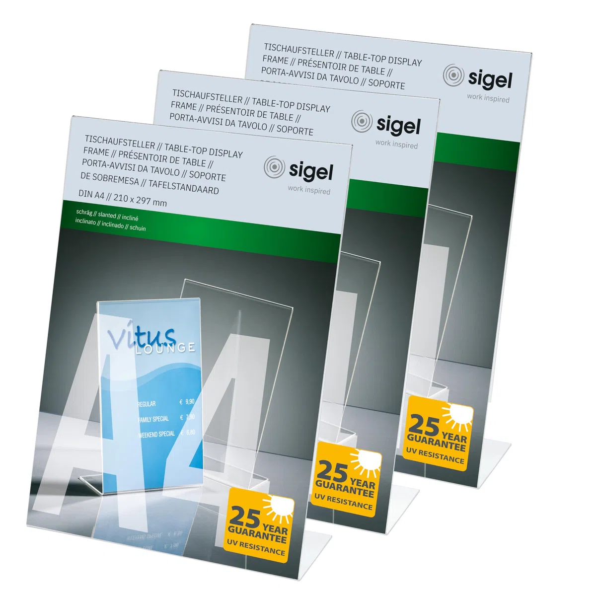 SIGEL SY450 Soporte de sobremesa, inclinado, acrilico, para A4, 3 unds.