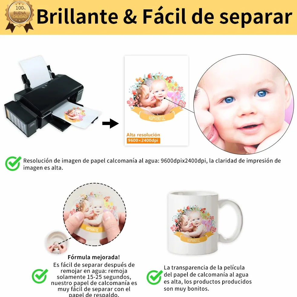 TransOurDream Real - Papel calcas de inyección de tinta Fácil de usar.Papel Calcomanía transparente al Agua (A4x20 hojas) Waterslide decal paper,Utilizado en vasos, velas, cerámica, etc.ES-6-20