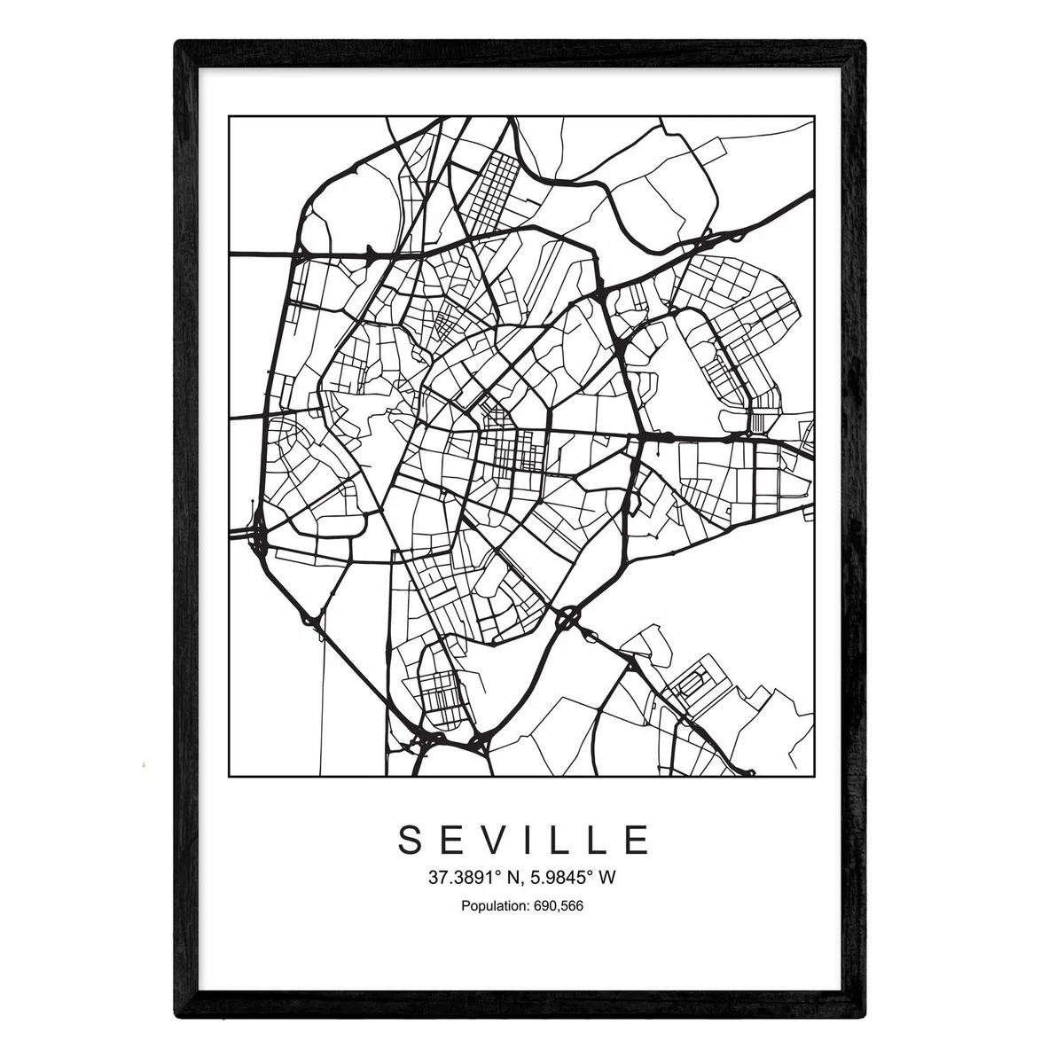 Nacnic Lámina mapa de la ciudad Sevilla estilo nordico en blanco y negro. Poster tamaño A3 Enmarcado con marco negro Impreso papel 250 gr. Cuadros, láminas y posters para salon y dormitorio
