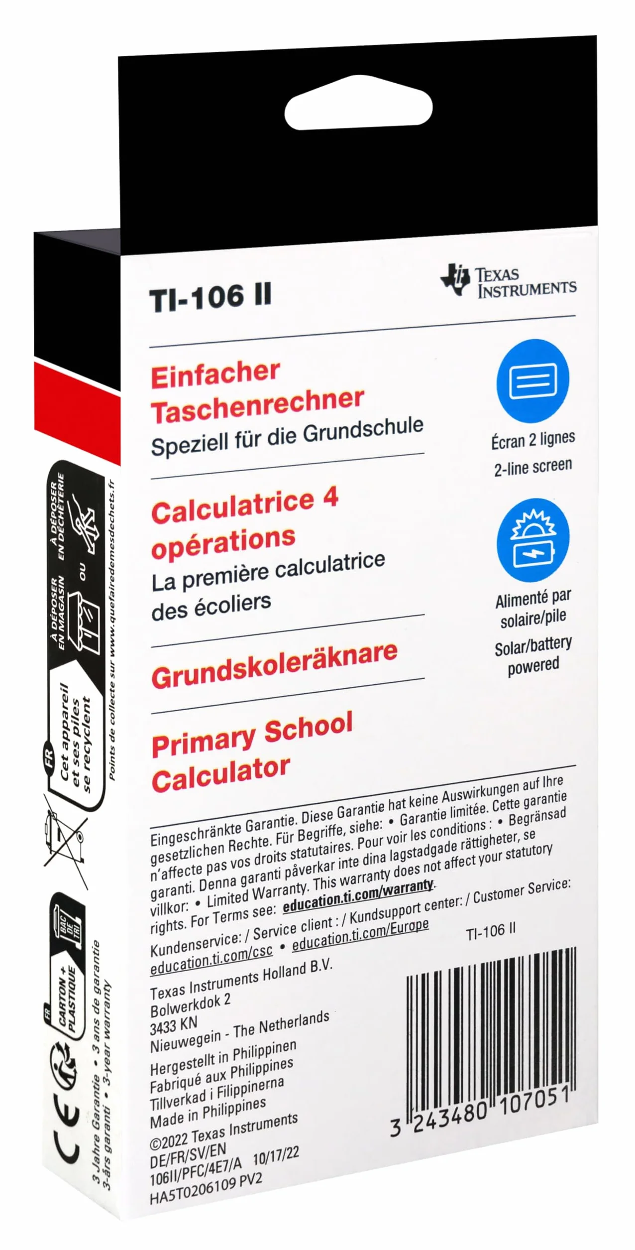 Texas Instruments TI-106 II - Calculadora científica Solar, Una calculadora de Bolsillo Duradera y fácil de Usar con Cuatro Operaciones aritméticas básicas, EN/GR/DU/FR