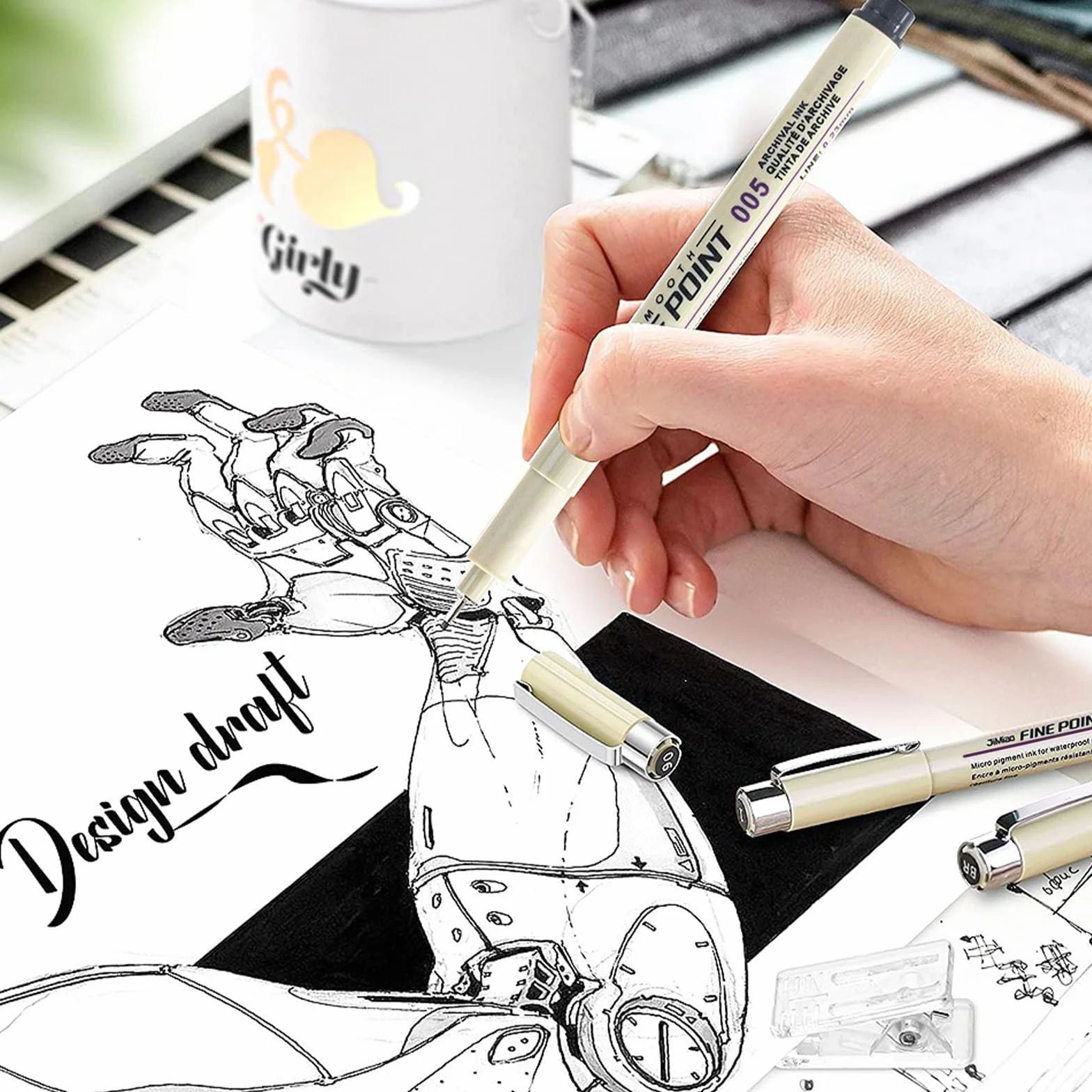 Rierousy Micron Fineliner Bolígrafos, 12 piezas Negro Juego con 12 Diferentes Anchos de Línea, Fineliner set para la Ilustración, Bocetos