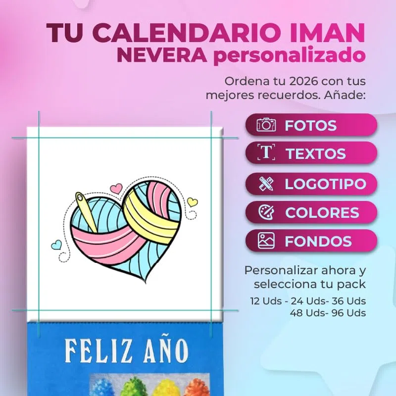 Pack 12 Uds Calendario Magnetico Nevera - Almanaques 2026 - Calendario Nevera Personalizados con Faldilla de 10x20cm y 15x20cm con Logo, Foto, Textos o Imagen - Calendarios Nevera Iman (10x20cm)