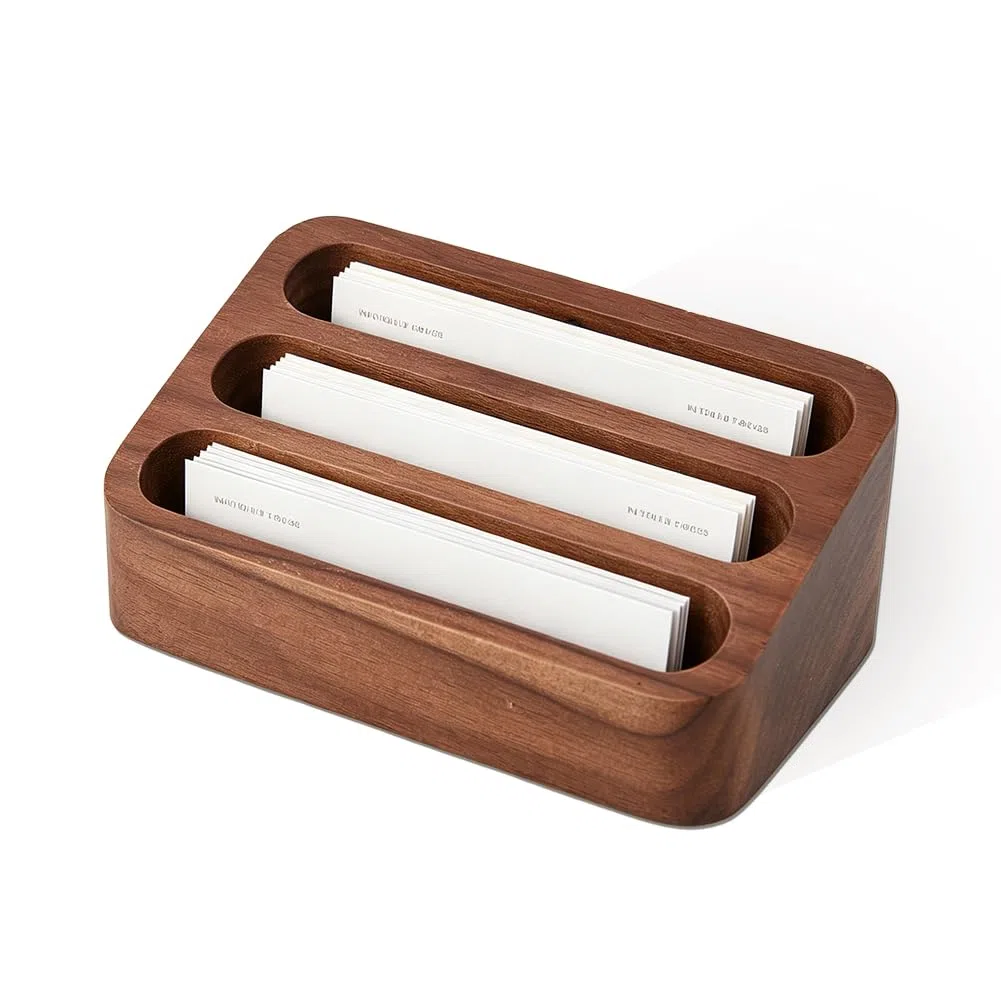 SUPERFINDINGS Soporte de madera para tarjetas de visita con 3 ranuras, organizador de tarjetas de visita múltiple, 115 x 70 x 46,5 mm, madera de haya natural, estante de exhibición de escritorio para