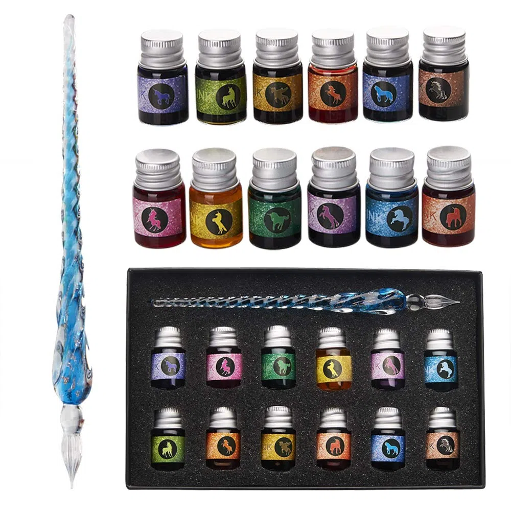 mancola Juego de tinta de cristal hecho a mano con 12 tintas coloridas para arte, firmas, caligrafía, dibujo, decoración, regalo MA-13