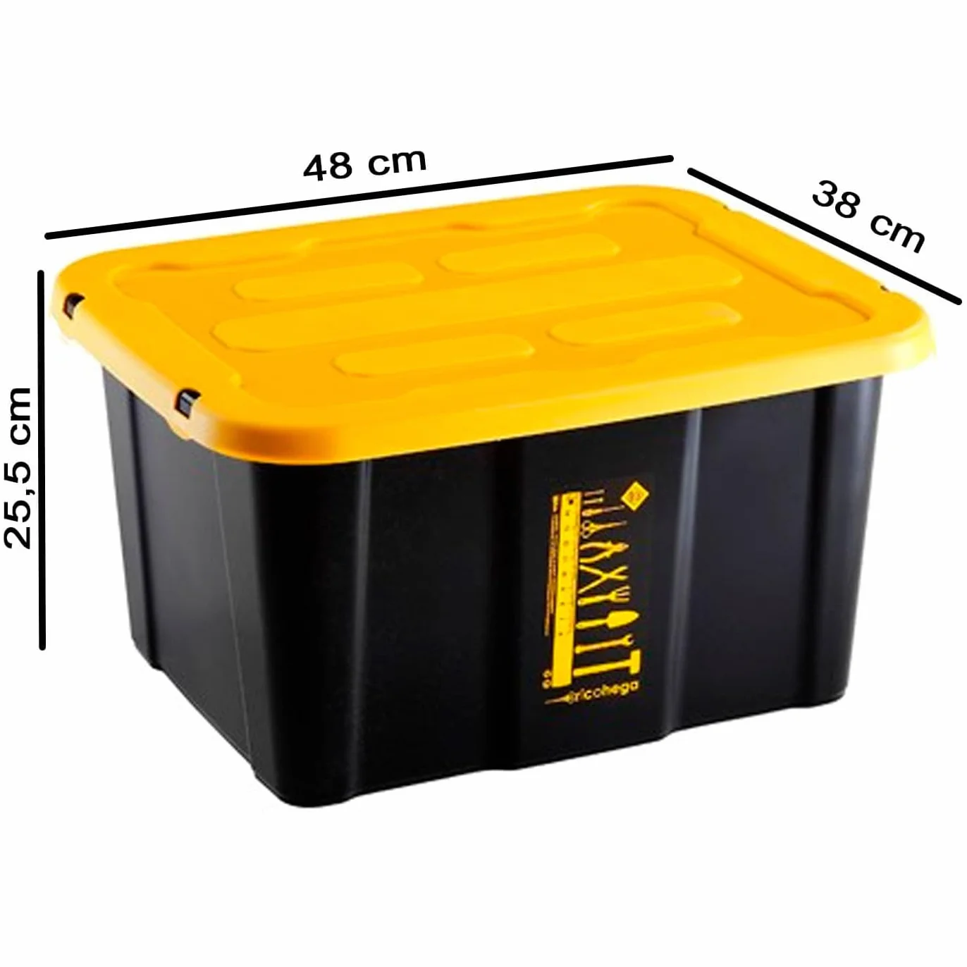 ACAN Tradineur - Caja de almacenaje apilable con tapa, plástico, cajón multiusos, ordenación, herramientas, hogar, fabricada en España (Amarillo y negro - 30 litros - 48 x 38 x 25,5 cm)