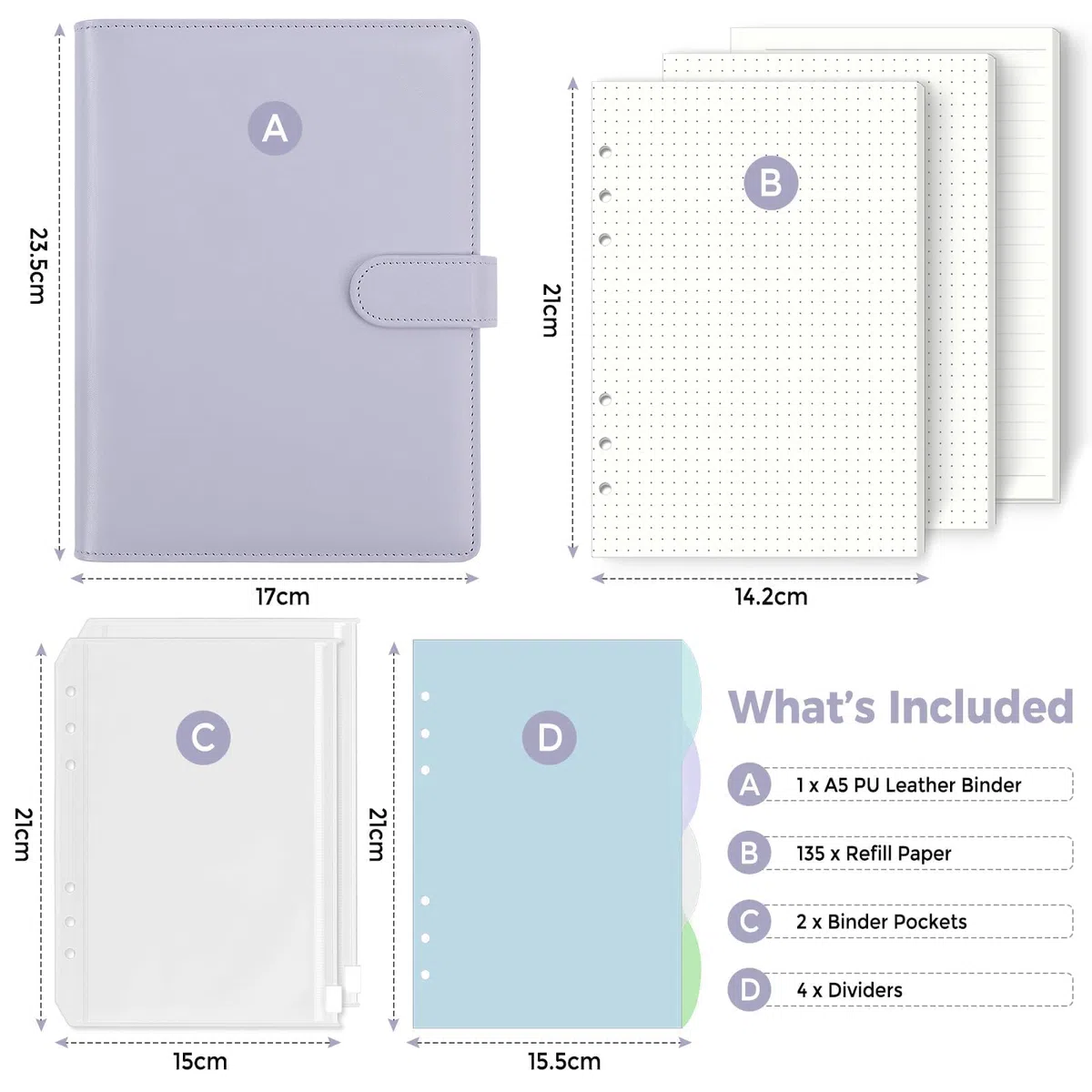 SKYDYE - Carpeta A5 de 6 anillas, papel de recambio de 135 hojas, cuaderno de anillas A5 con bolsillos y divisores para notas escolares y diarios de viaje (morado claro)