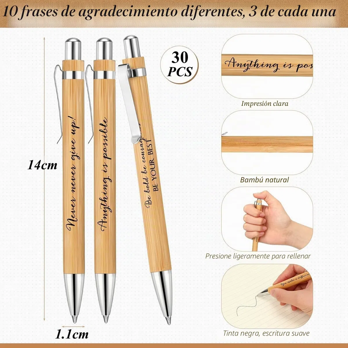 LATERN 30 Piezas Bolígrafos Inspiradores, 14CM Bolígrafo de Bambú con Citas Motivacionales Bolígrafos Retráctiles con Punta de Tinta Negra para Oficina Suministros Regalos (10 Estilos Positivos)