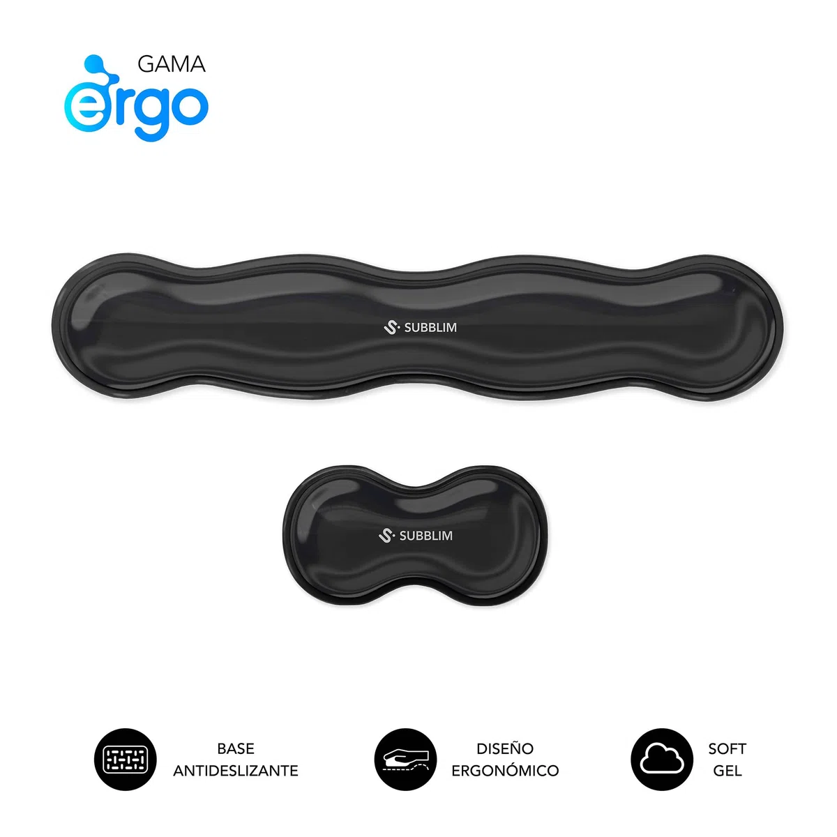 SUBBLIM Pack Reposamuñecas ERGO CRYSTAL FLEX, Gel para Teclado + Ratón, Diseño Ergonómico Ondulado Antideslizante, Alivio Túnel Carpiano. Para oficina y gaming