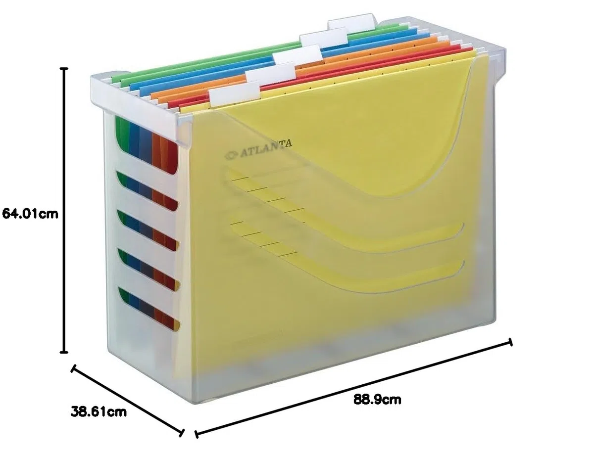 Djois, Silky Touch 2658026000 – Caja para Carpetas Colgantes A4 Transparente con 5 Carpetas Euroflex Incluidas, Capacidad para 15 Carpetas, Organizador de Archivos